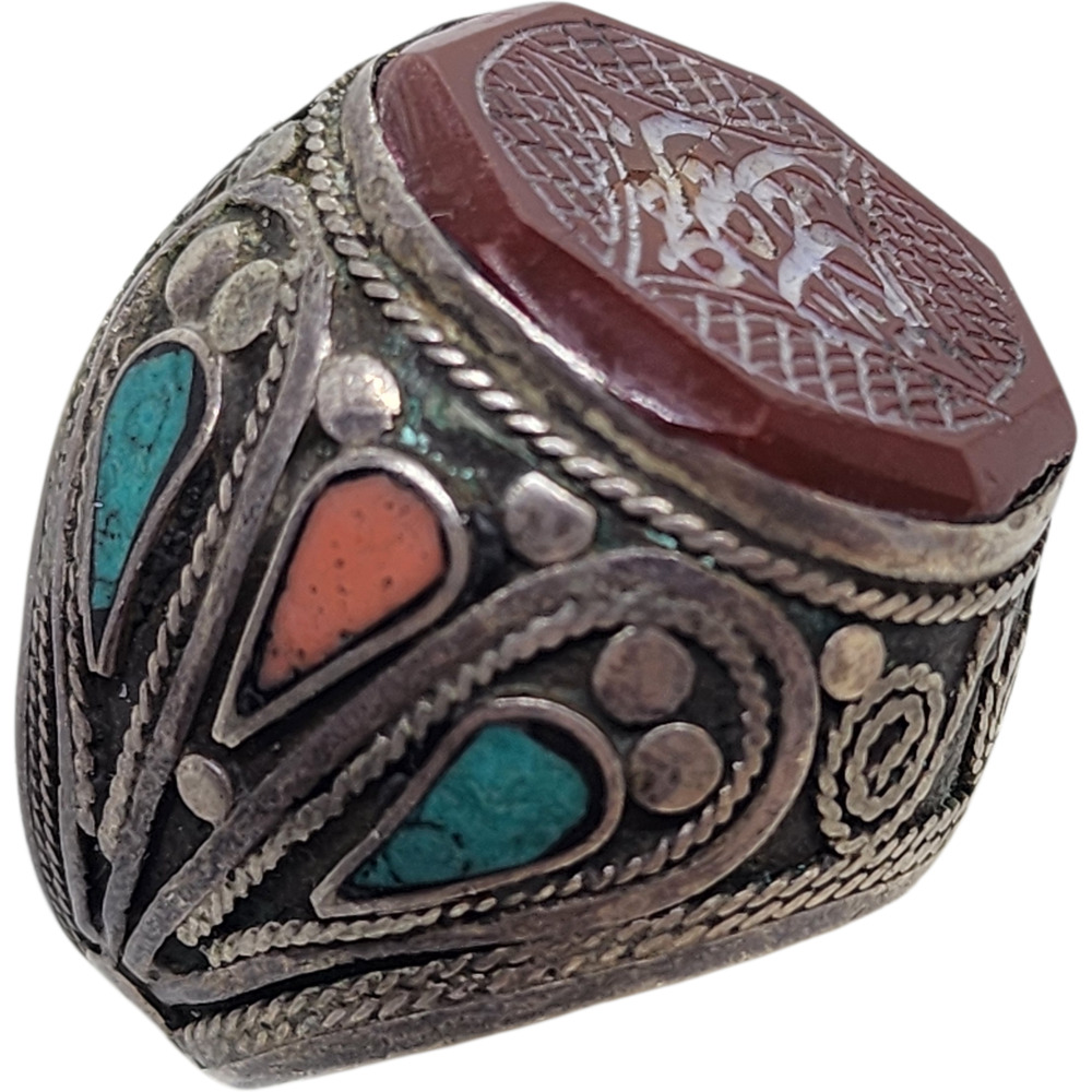 Vintage Ring Turkmen Silver Carved Turquoise Coral Inlay Sz 8.5 Arabic BIG - Picture 2 of 16